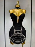 Sparkly Rhinestones Chain Bodycon Strapless Mini Bandage Dress Women Backless Luxury Birthday Evening Party Club Dresses black