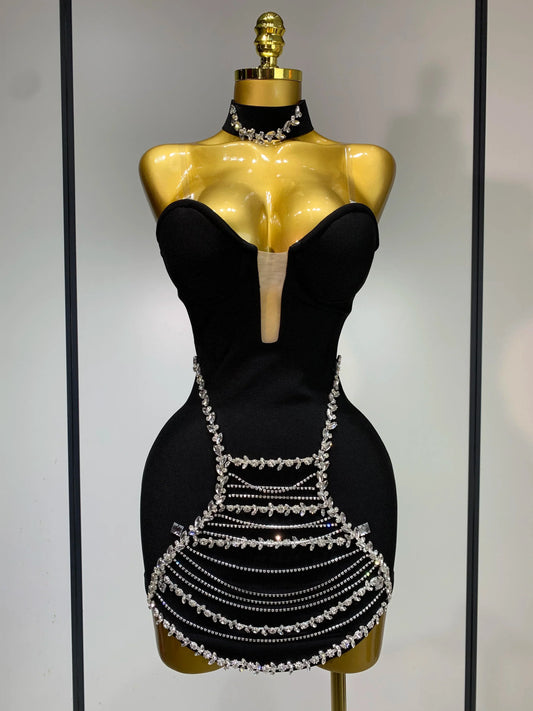 Sparkly Rhinestones Chain Bodycon Strapless Mini Bandage Dress Women Backless Luxury Birthday Evening Party Club Dresses black