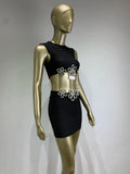 Women Summer Celebrity Sexy Crytal Black Mini Bandage Skirt Suit Knitted Elegant Evening Club Party Two Pieces Set