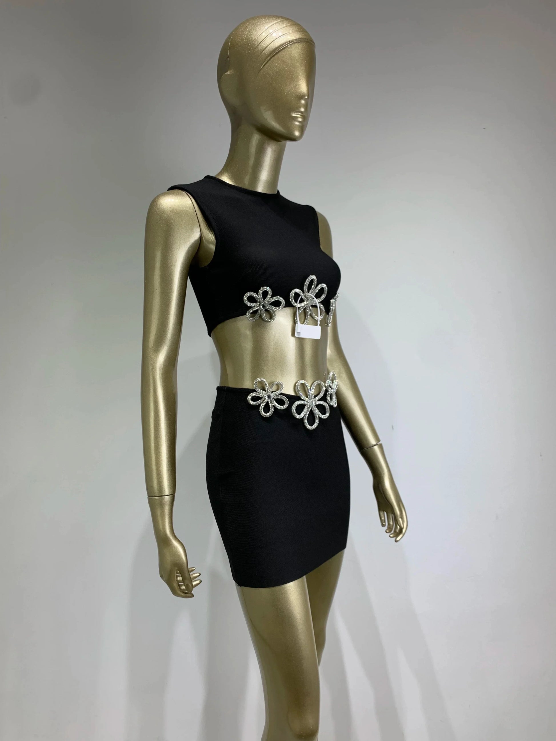 Women Summer Celebrity Sexy Crytal Black Mini Bandage Skirt Suit Knitted Elegant Evening Club Party Two Pieces Set