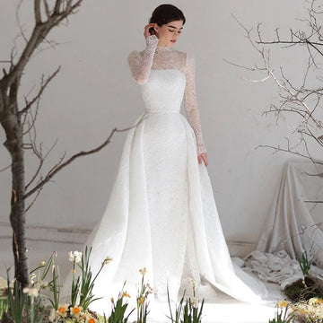 Elegant Mermaid Wedding Dresses High Neck Long Sleeves Lace Bridal Dress Formal Wedding Ball Prom Gowns Customized