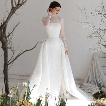 Elegant White Lace Mermaid Wedding Dress High Neck Long Sleeves Formal Bridal Gown with Train Customized Fit Custom Color