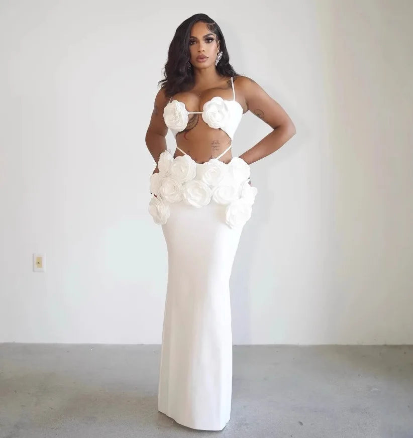 Black White Color Women Sexy Strap Florals 2 Pieces Bodycon Long Dress Celebrate Nightclub Party Bar Singer Performance Costume WHITE