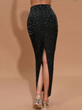 Sexy Women'S Light Luxury Hot Stamping Design Long Skirt Bandage Set O-Neck Sleeveless Ultra Short Top+Skirt Two-Piece Set