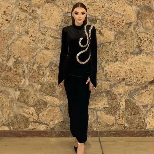 Women Long Sleeve Sexy Shinning Crystal Bodycon Long Bandage Dress Celebrate Evening Party Nightclub Outfit Wear