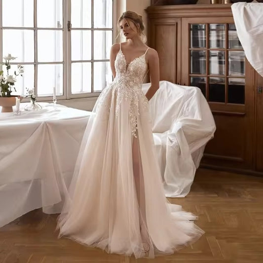 Wedding Dress Sexy Spaghetti Straps V Neck Beading Applique High Split A Line Champagne Bridal Gown Vestido De Noiva