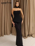 Elegant Women's Light Luxury Dress+Strapless Sleeveless Bodycon Patchwork Long Dress Cocktail Evening Party Vestidos