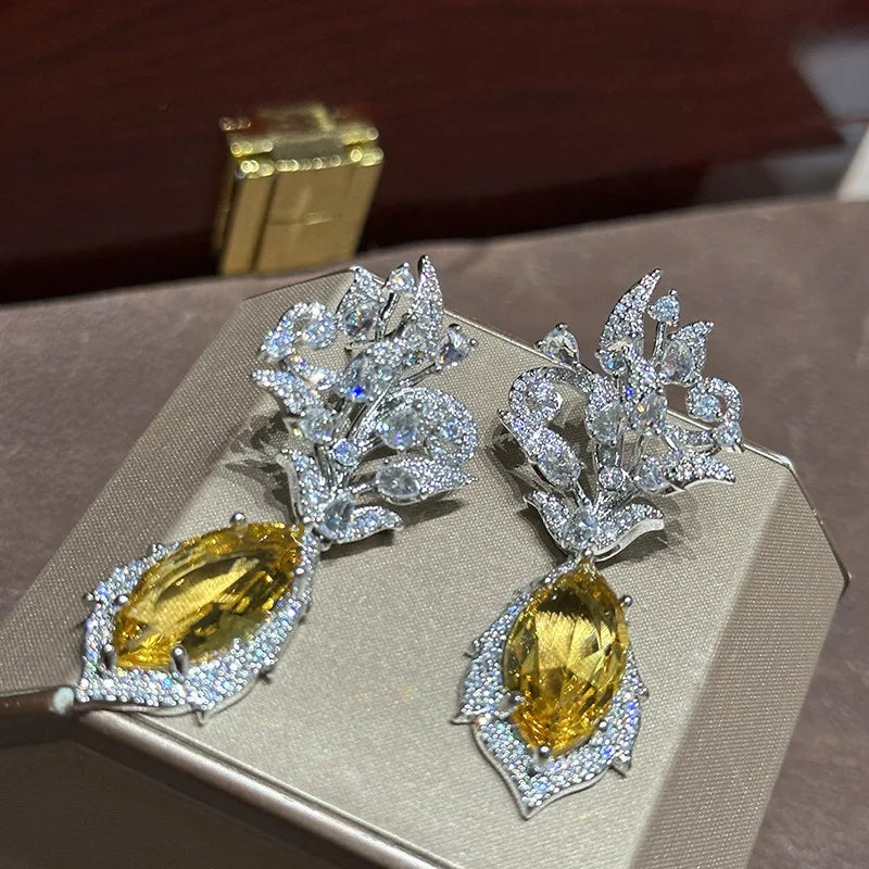Luxury Yellow Zircon Bridal Earrings CZ Cubic Zirconia Wedding Earring For Brides Accessories Women Party Dinner Dress Jewelry