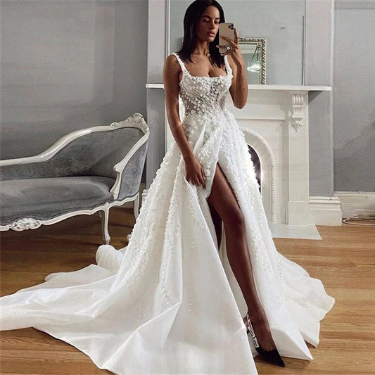 Simple Off Shoulder Sleeveless A Line Wedding Dresses Spaghetti Straps Square Collar Sexy Side Slit Bridal Gowns Custom Made Champagne Custom size