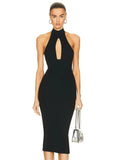 Sexy Women Hanging Neck Sleeveless Bandage Dress Bodycon Off Back Knee Black Dress Celebrity Cocktail Evening Party Vestido black