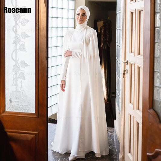 Customized Muslim New A-line Wedding Dresses Applique Paillette Vertically Draped Pleat Bride Dress Brush Train robe de mariée Ivory
