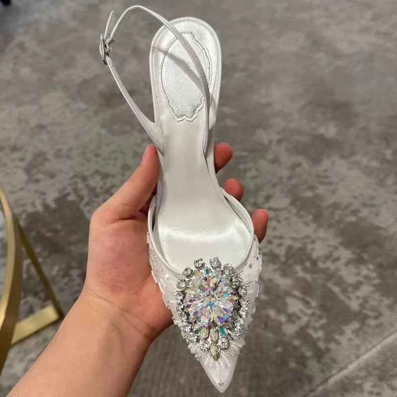 Luxury Diamond Pearls Lace Mesh Women Pumps Elegant Pointed toe Thin High heels Fashion Summer Slingbacks Wedding Party Shoes White