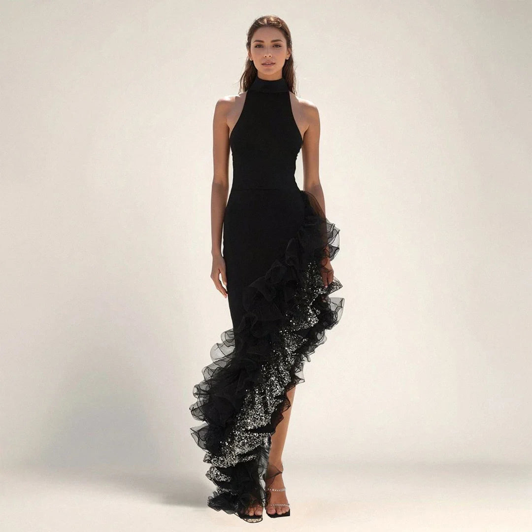 Women Sexy Off the Shoulder Shinning Ruffles Bodycon Bandage Long Dress Celebrate Fashion Evening Party Outfit