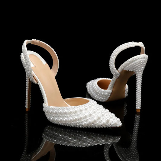 Luxury Handmade Full Pearls Wedding Women Pumps Elegant Pointed toe Slingbacks high heels Fashion Summer Party Bridal Shoes