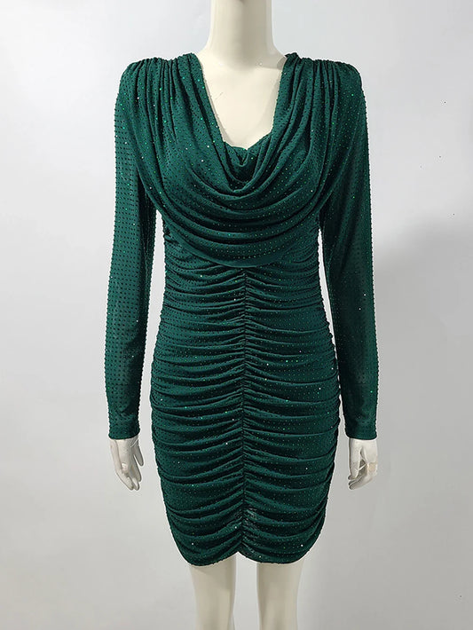Rhinestone Long Sleeve Sexy Mini Dress For Women Fashion Shawl Collar Bodycon Club Dress Elegant Female Party Clothes
