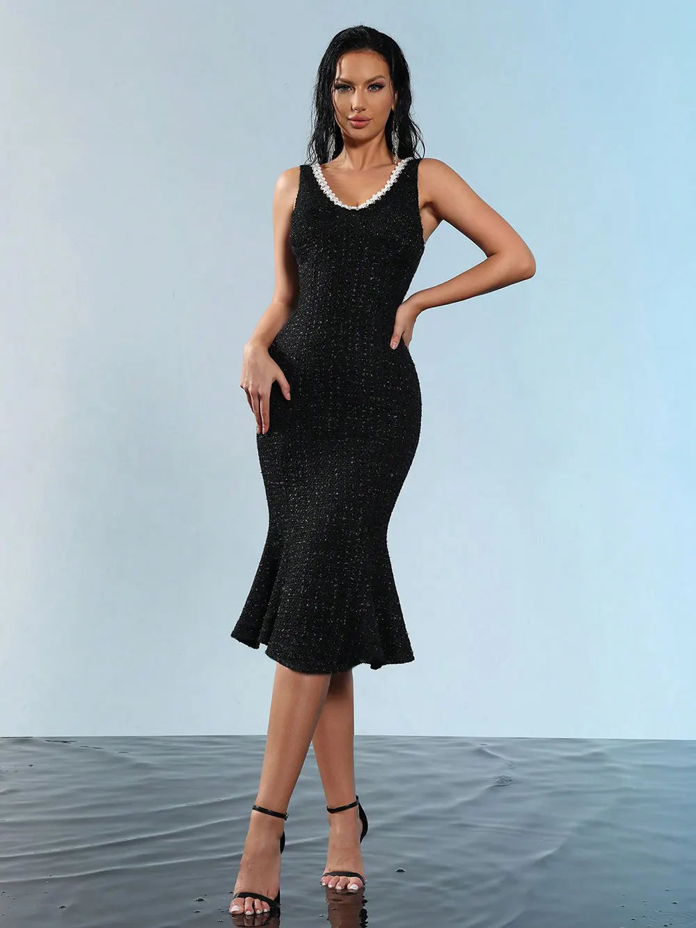 Elegant Women's Nail Bead Design Fishtail Dress V-neck Sleeveless Bodycon Flute Dresses Cocktail Evening Party Vestidos