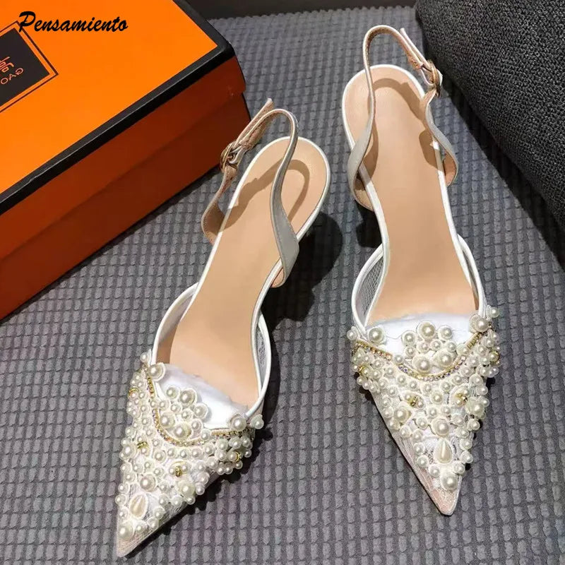 Luxury Pearls Rhinestones Satin Air Mesh Women Pumps Summer Elegant Pointed toe Slingbacks Thin High heels Wedding Party Shoes