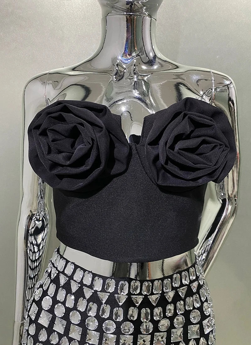 Stylish Sexy Woman Item Stereoscopic Flowers Strapless Top Summer Party Music Festival Vestido Holiday Vocation Outfit black