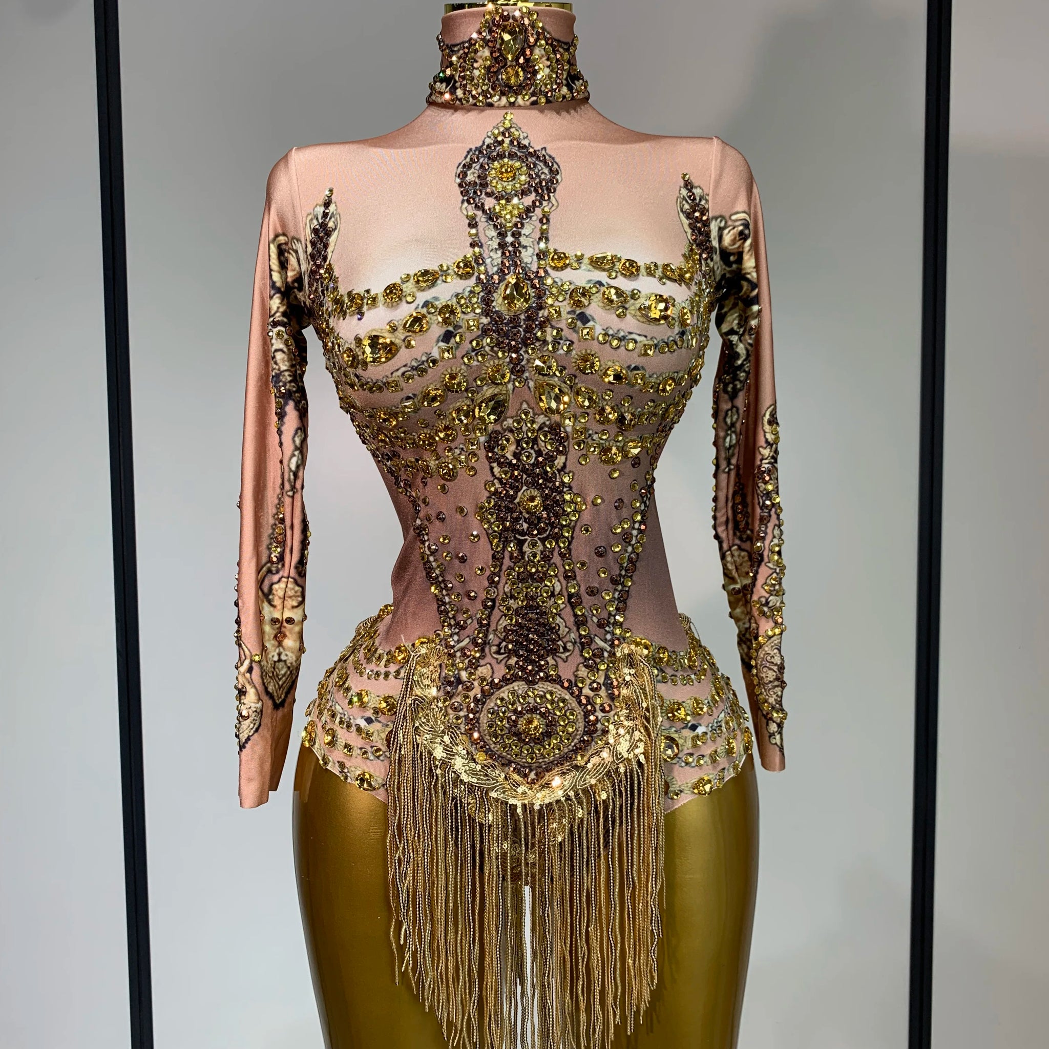 Sexy Sparkly Gold Rhinestones Tassel Bodysuit Women Celebrate Birthday Evening Party Nightclub Singer Performance Stage Costume Gold
