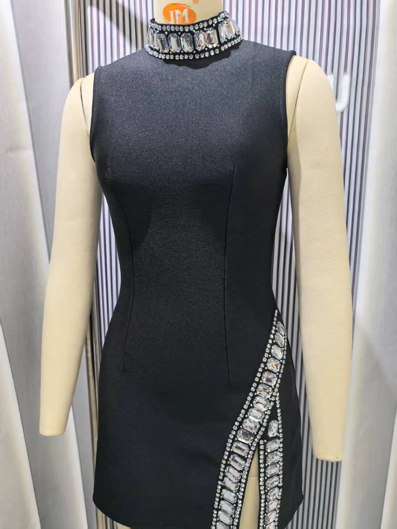 Black Red Women Sleeveless Sexy Big Crystal Sparkly Bodycon Mini Bandage Dress Celebrate Birthday Party Nightclub Outfit Vestido black
