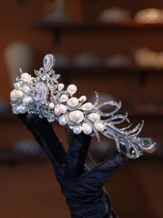 Bridal Hair Jewelry Crystal Zirconia Tiaras and Crowns Princess Queen Diadem For Brides Pearl Headpieces Wedding Accessories