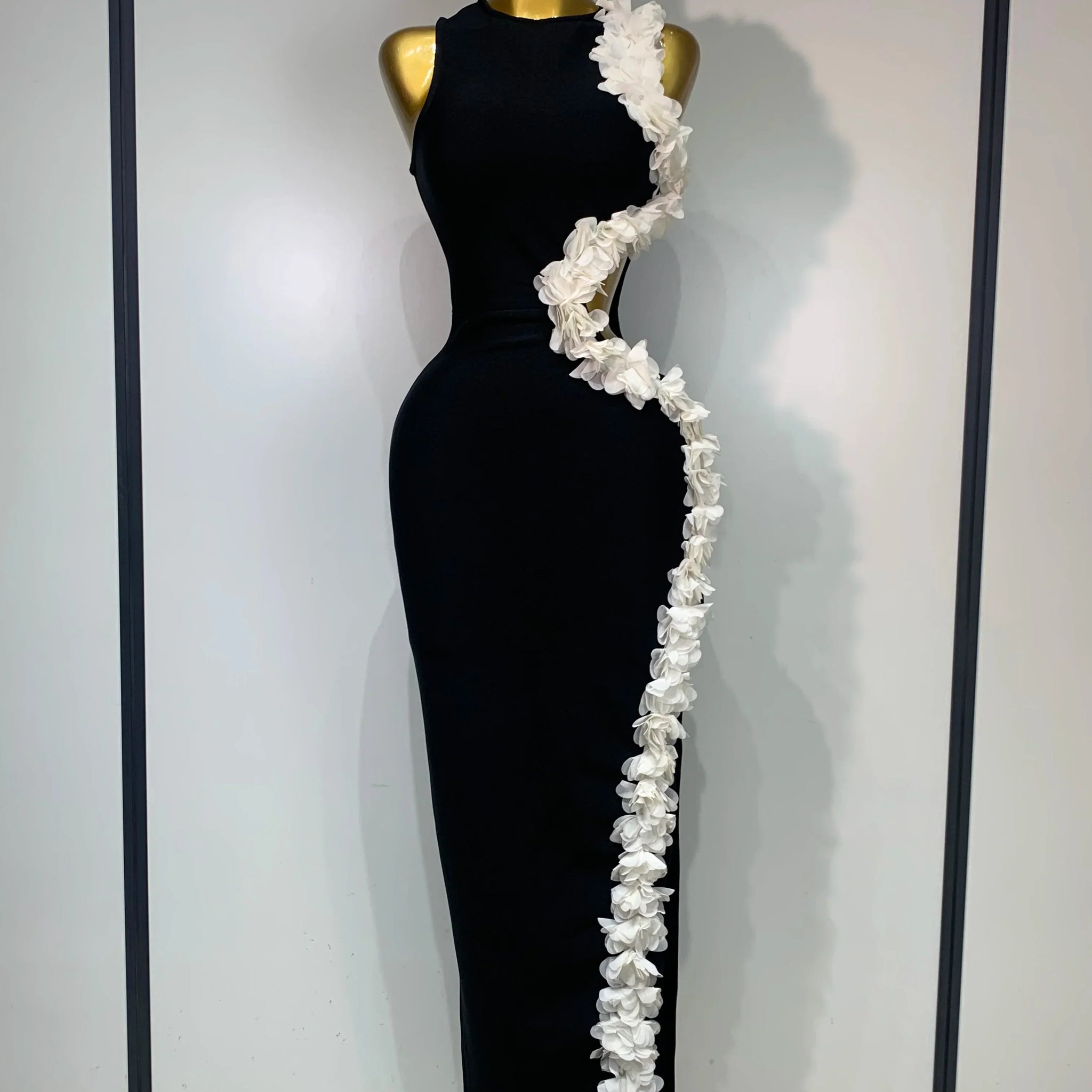 Women Sexy O Neck Flower Cut Out Maxi Long Bodycon Bandage Dress Celebrity Elegant Evening Club Party Birthday Dress black