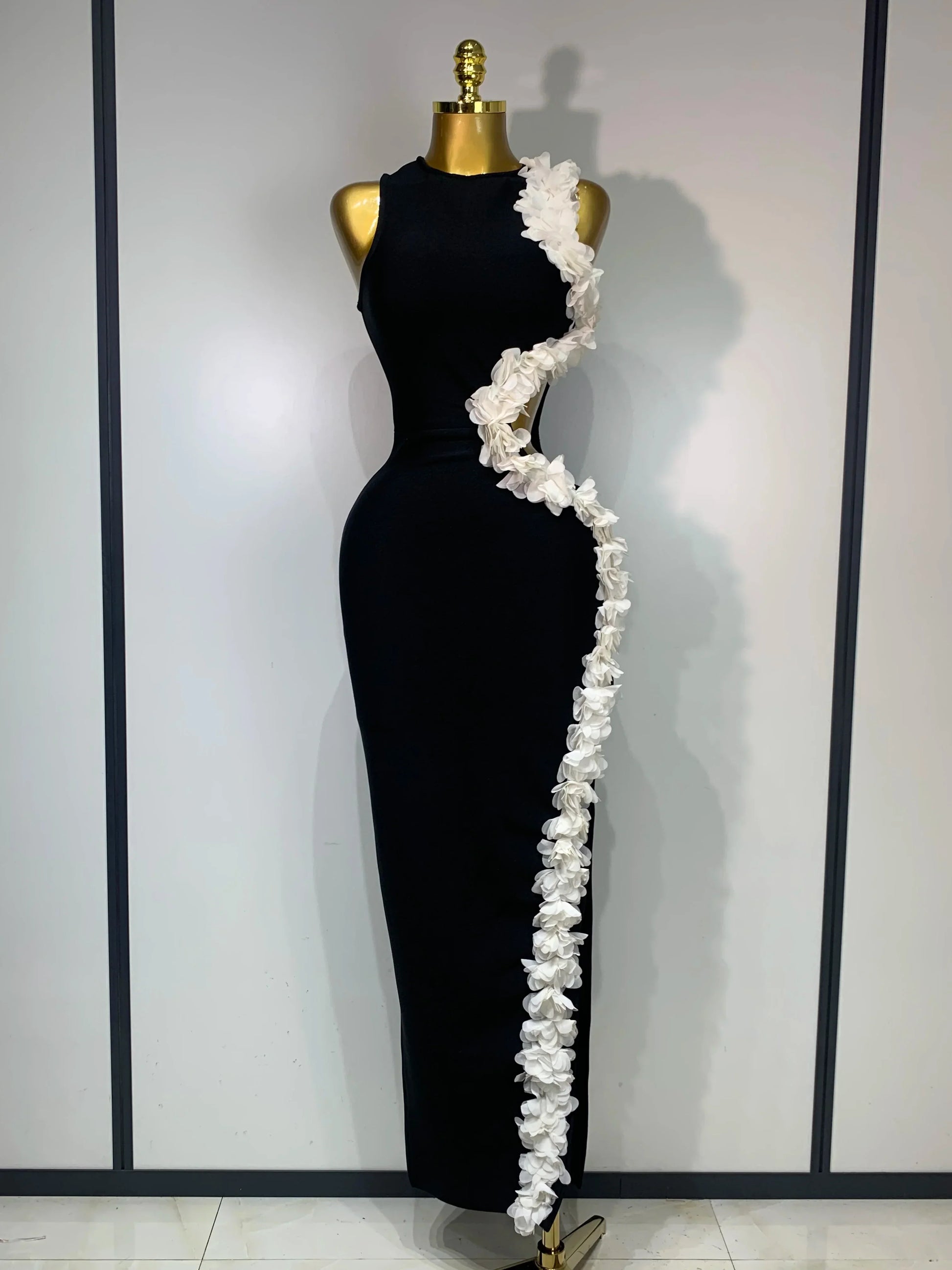 Women Sexy O Neck Flower Cut Out Maxi Long Bodycon Bandage Dress Celebrity Elegant Evening Club Party Birthday Dress black