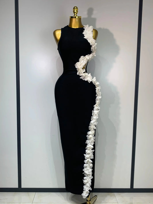 Women Sexy O Neck Flower Cut Out Maxi Long Bodycon Bandage Dress Celebrity Elegant Evening Club Party Birthday Dress black