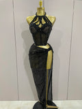 Sexy Luxury Shiny Diamond Sequins Cocktail Dress 2Pcs Set Women Evening Celebrate Birthday Party Nightclub Stage costume black