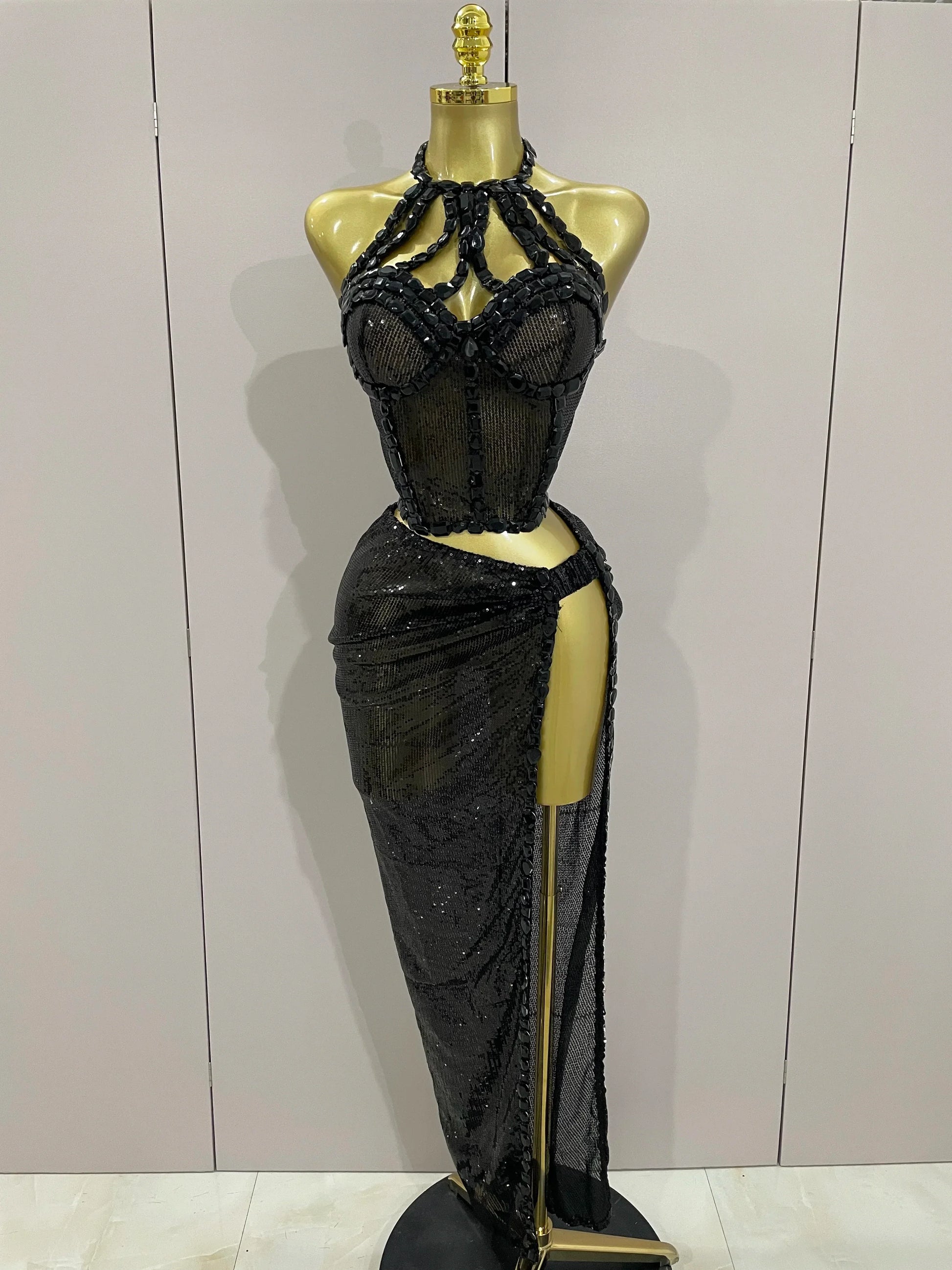 Sexy Luxury Shiny Diamond Sequins Cocktail Dress 2Pcs Set Women Evening Celebrate Birthday Party Nightclub Stage costume black
