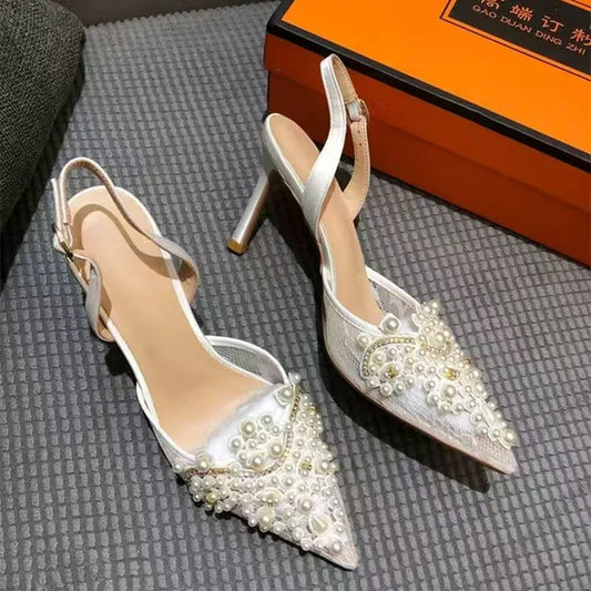 Luxury Pearls Rhinestones Satin Air Mesh Women Pumps Summer Elegant Pointed toe Slingbacks Thin High heels Wedding Party Shoes