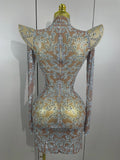 Sexy Singer Stage Drag Queen Costume Women Shiny Rhinestones Transparent Short Dress Birthday Celebrate Photoshoot Dress