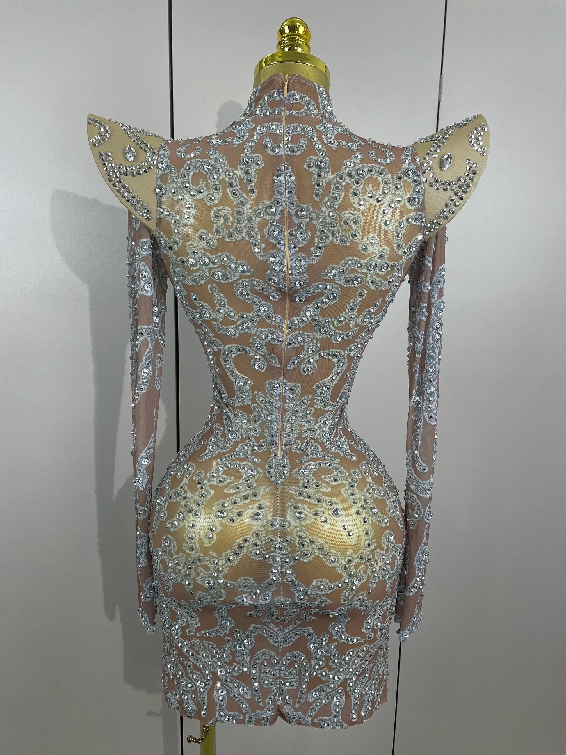 Sexy Singer Stage Drag Queen Costume Women Shiny Rhinestones Transparent Short Dress Birthday Celebrate Photoshoot Dress
