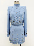 Autumn Elegant Women's Nail Pearl Water Diamond Blue Skirt Sets O-neck Long Sleeve Hoodie Top+Mini Skirt Two Piece Set
