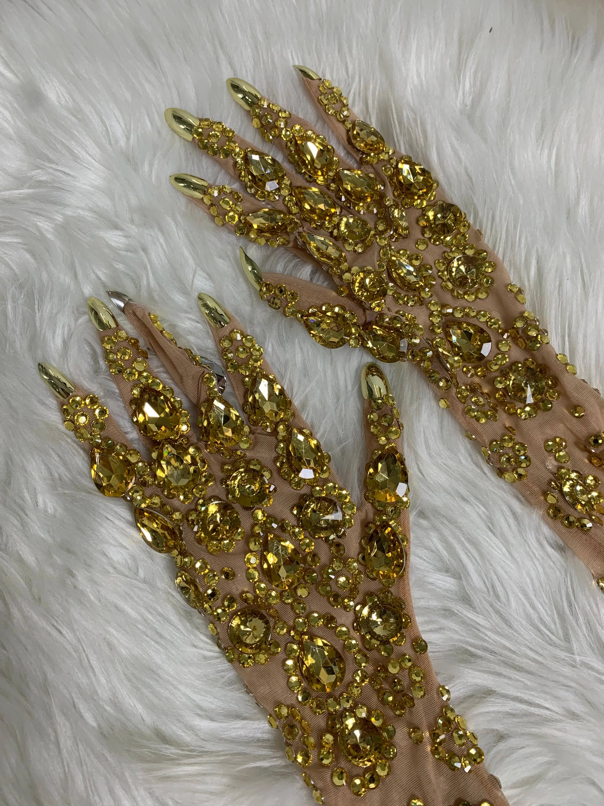 Women Sexy Luxury Gold Rhinestones Mesh Long Gloves Dancer Singer Nightclub Stage Party Show Accessories Sparkly Decoration