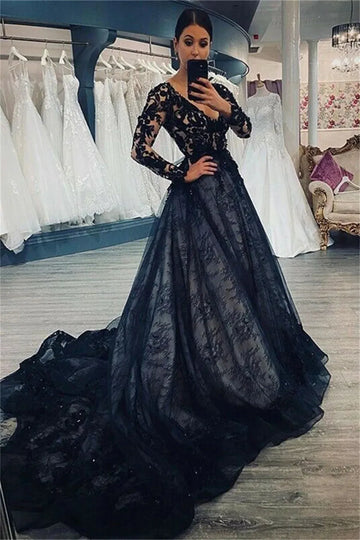 Black Lace Appliques A-Line Tulle Wedding Dress with Long Sleeves, V-Neck, and Chapel Train As Picture