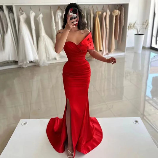 Mermaid Formal Evening Dresses Side Split One Shoulder Pleat Satin Beaded Special occasion Dress Prom Party Gown
