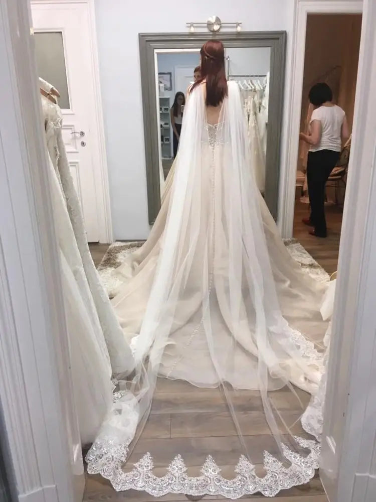 One Layer Lace Bridal Cape Cathedral Shoulder Veil Wedding Cloak " V" Split in White, Off-White ,Ivory