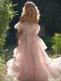 Baby Pink Off Shoulder Prom Dress Sweet Edge Curl Organza Vestidos De Noche Puffy Prom Dress Princess فساتين السهرة Pink CHINA