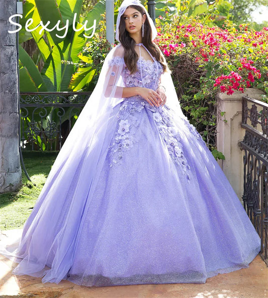 Fairytale Lilac Quinceanera Dresses With Cape 3D Florals Vestidos De 15 Xv Años Quinceañeras Birthday Party Gown Customized