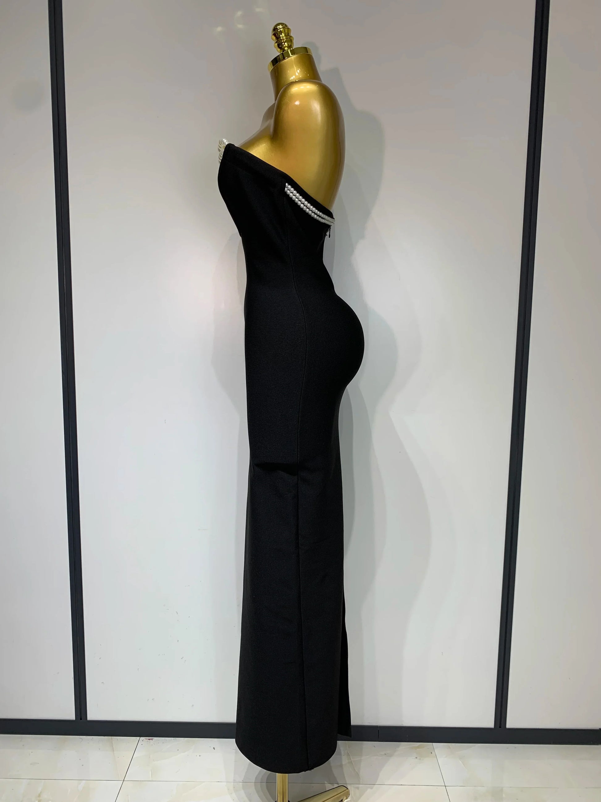 Women Sexy Backless Strapless Black Beading Long Bandage Bodycon Dress Celebrity Elegant Evening Luxury Birthday Dresses