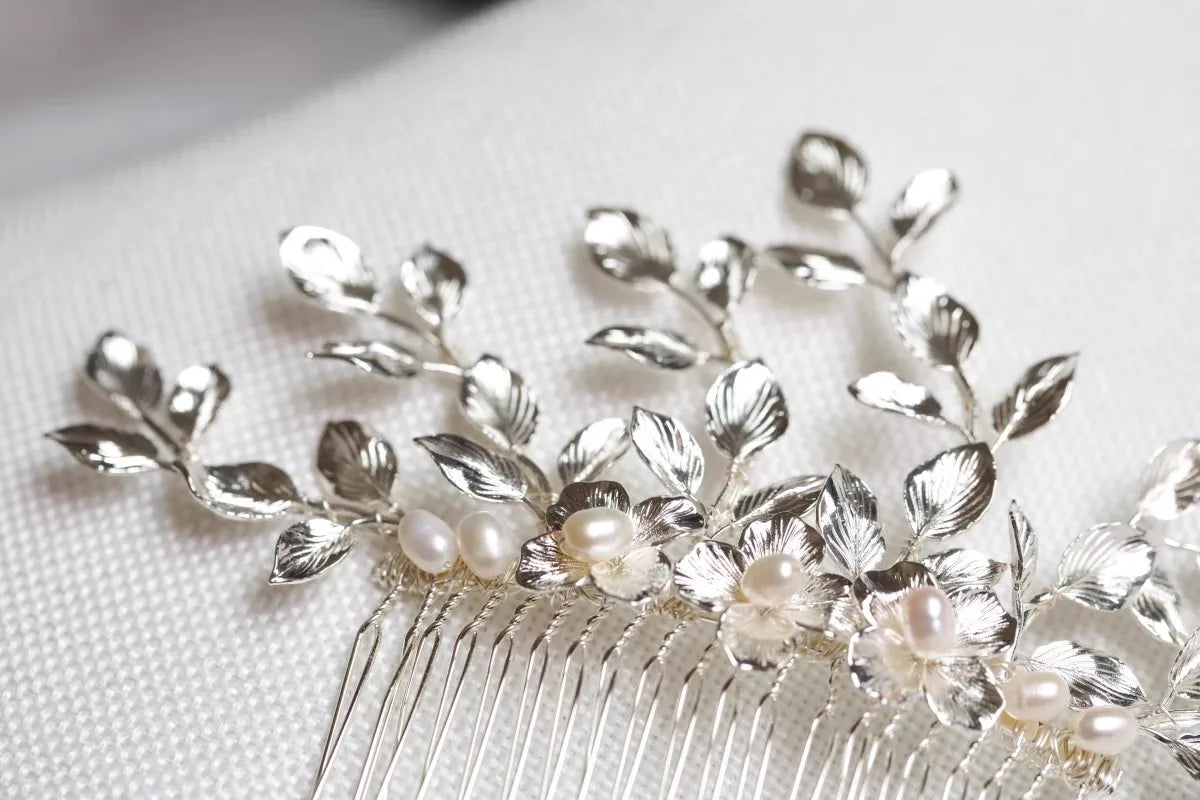 Silver Color Leaf Hair Comb Pin Clip Freshwater Pearl Hairpin For Brides Women Head Pieces Wedding Accessories Bridal Jewelry