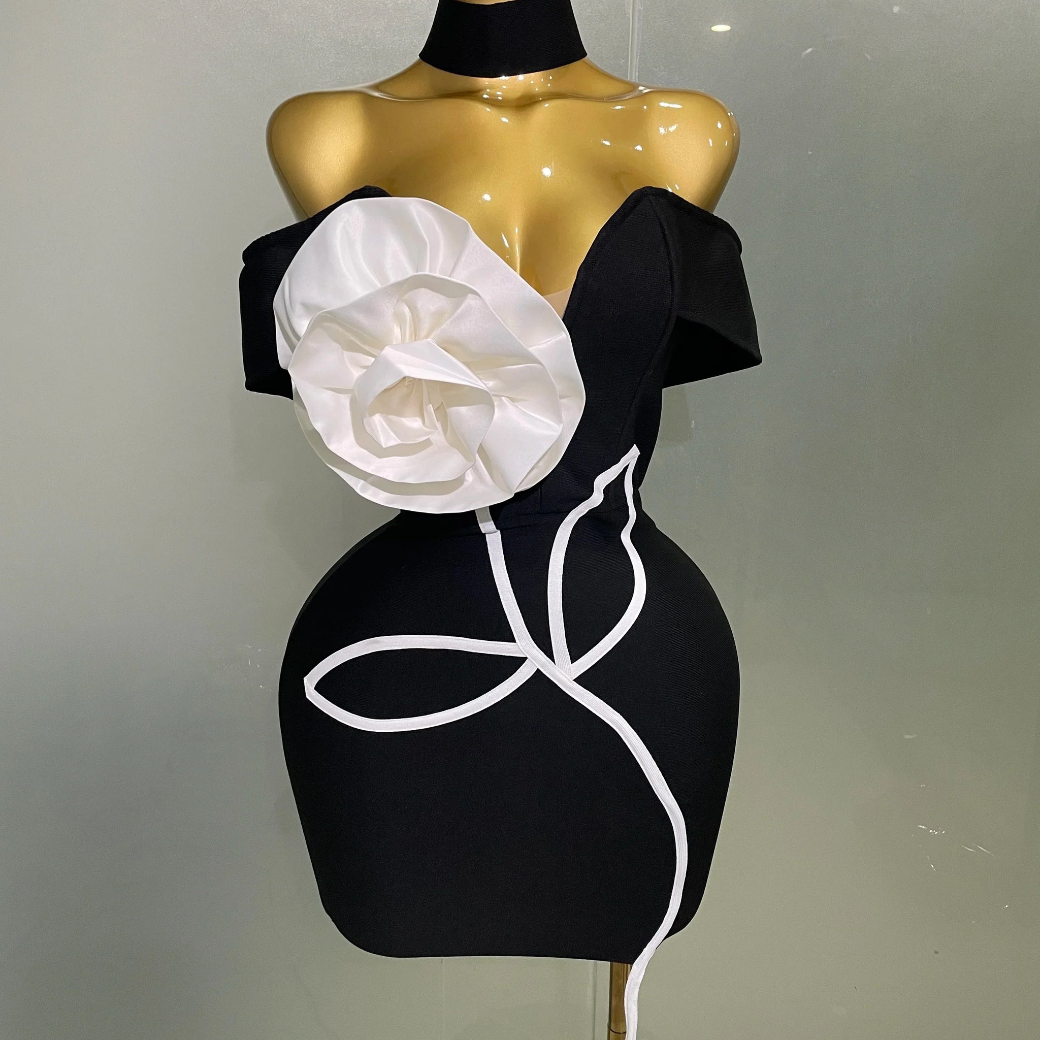 Women Sexy Off Shoulder White Flower Black Mini Bodycon Bandage Dress Luxury Celebrity Evening Club Elegant Party Gowns black