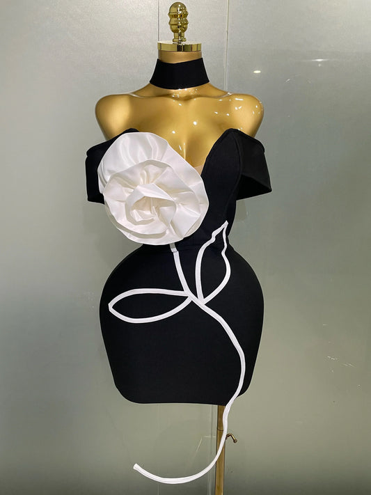 Women Sexy Off Shoulder White Flower Black Mini Bodycon Bandage Dress Luxury Celebrity Evening Club Elegant Party Gowns black