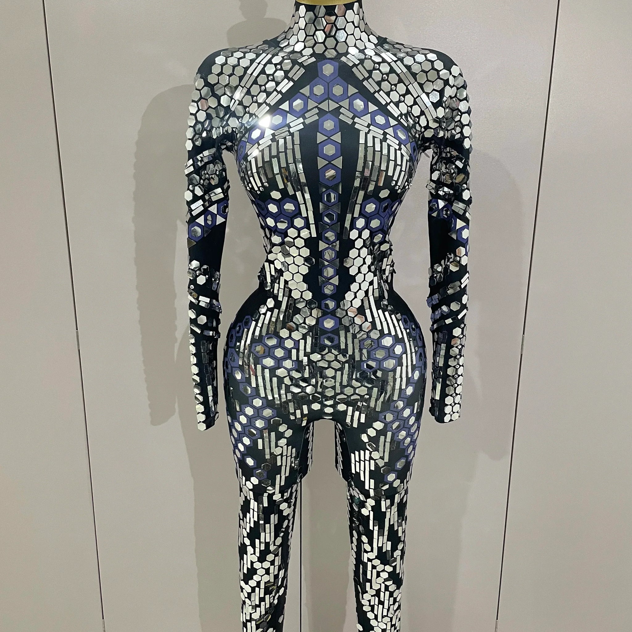 Sexy Shiny Silver Sequins Mirror Black Spandex Jumpsuit Women Prom Dancer Singer Costume Evening Birthday Show Stage Outfit Silver