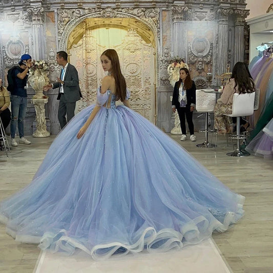 Glittering Light Blue Quinceanera Dress Off Shoulder Crystal Floral Appliqué Vestidos De 15 Anos Formal Birthday