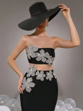 Sexy Women Nail Diamond Flower Design Bandage Long Dress Set Strapless Sleeveless Diamond Set Tank Top+Skirt Two Piece Set black