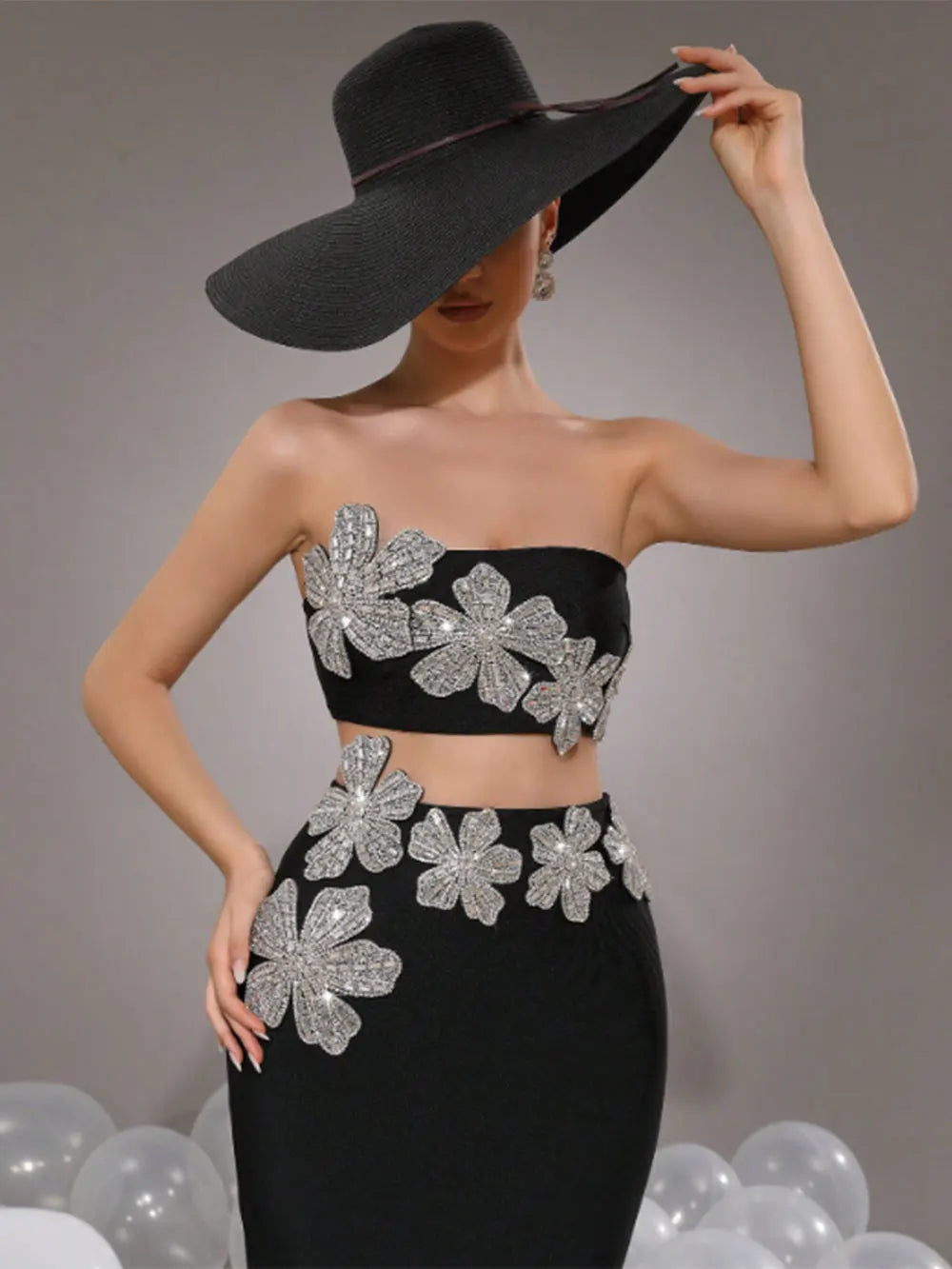 Sexy Women Nail Diamond Flower Design Bandage Long Dress Set Strapless Sleeveless Diamond Set Tank Top+Skirt Two Piece Set black