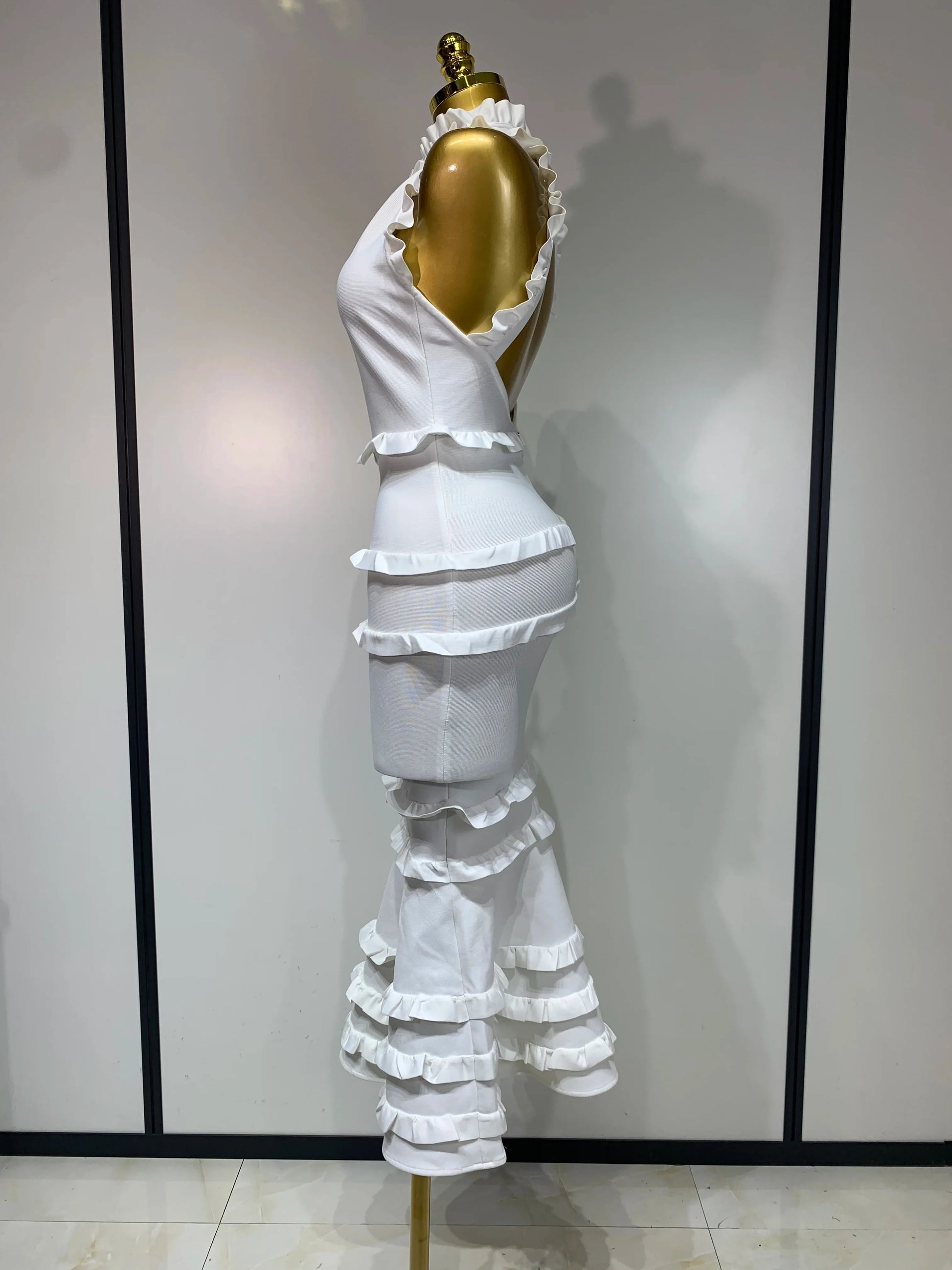 New High quality White Elagant Retro Ruched High Collar Bodycon Bandage Dress Evening Party Fashion Simple Birthday Gown