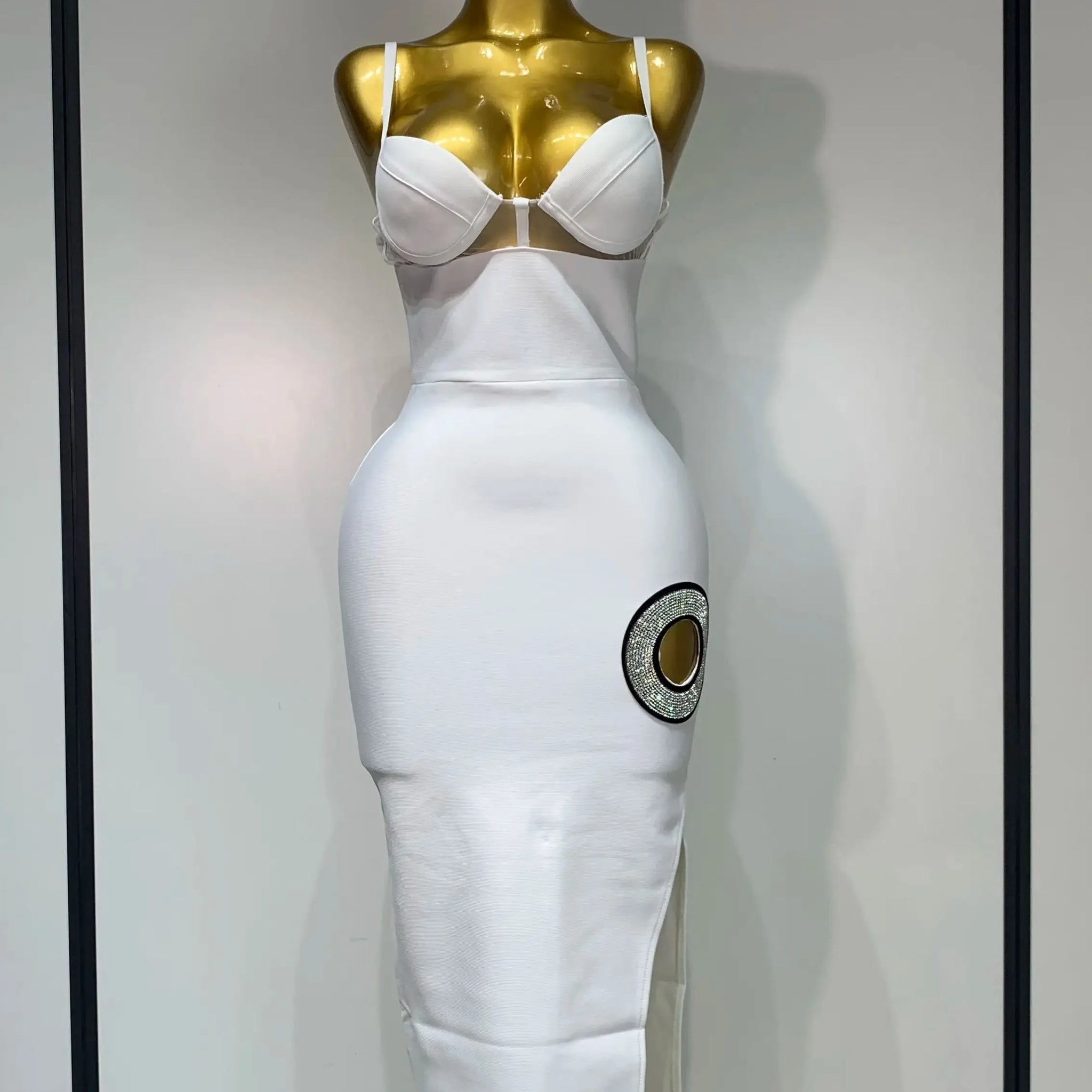 Fashion Sexy V Neck Backless Diamonds Split Women Bodycon Bandage Dress White Elegant Evening Club Party Birthday Dresses WHITE